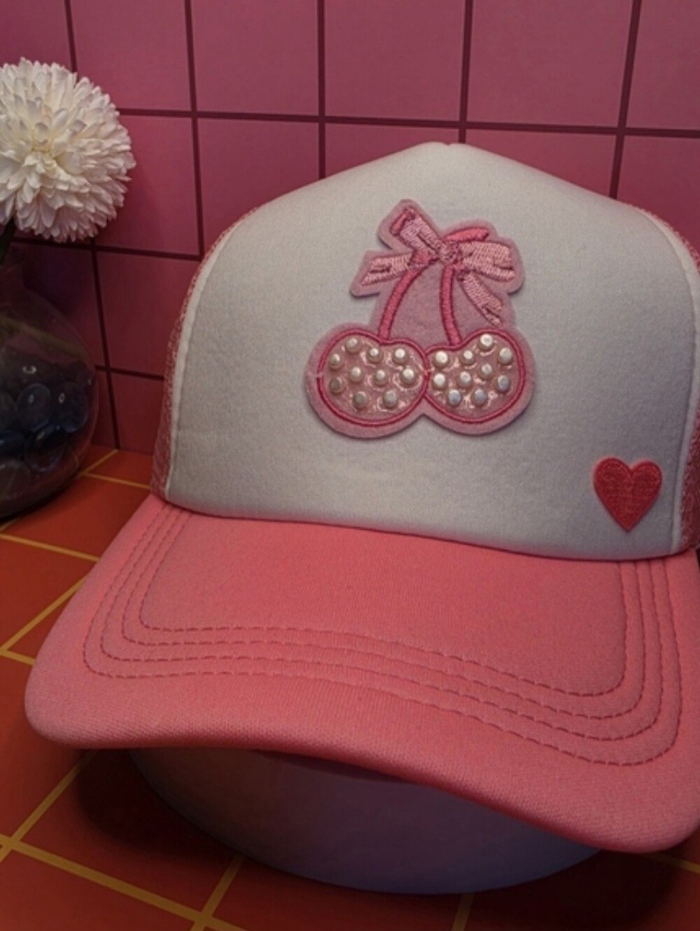 90s Inspired Coquette Pink Cherry Bow Trucker Hat with Pearls & Heart Detail - Picture 4 of 6